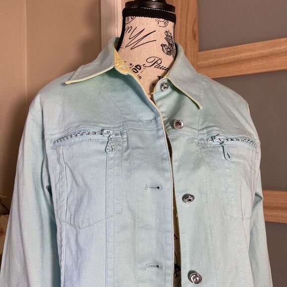 Quacker Factory Jeweled Raw Hem Distressed Blue Jean Denim Shirt Jacket Women S - Picture 2 of 10